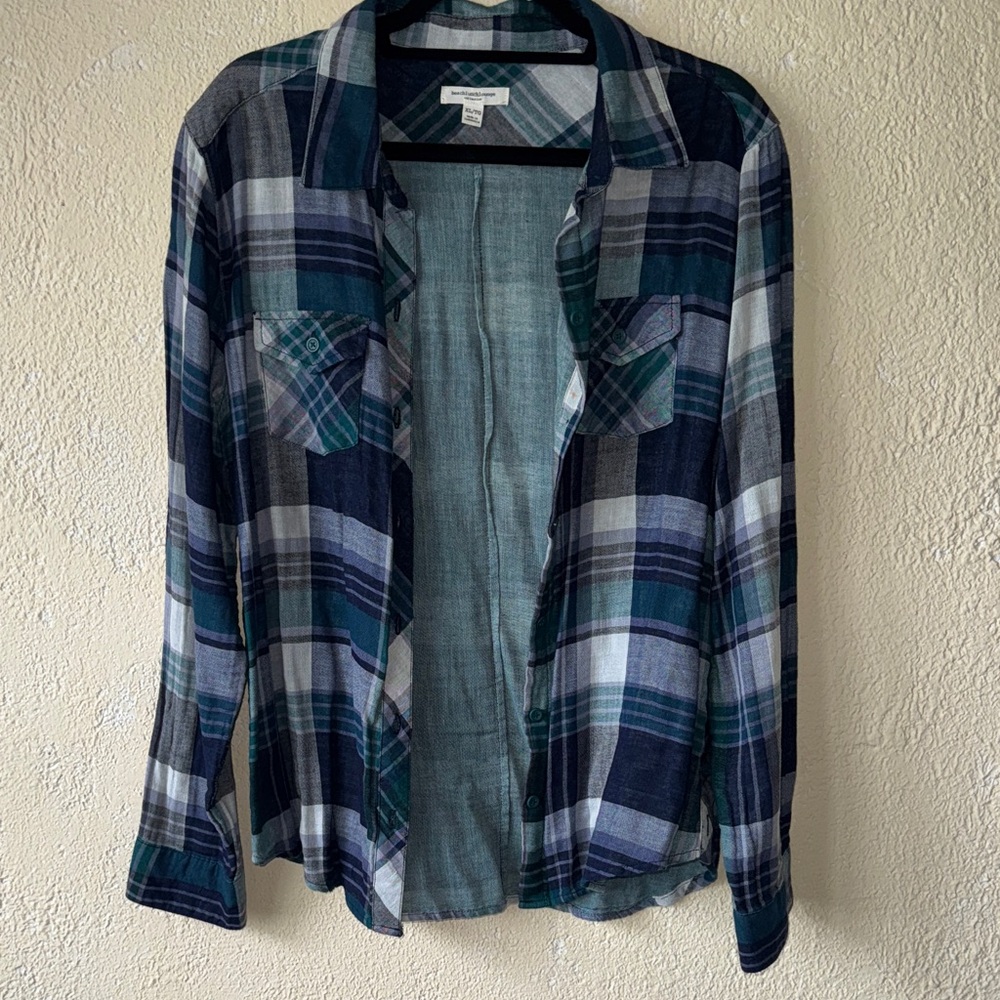 beachlunchlounge Blue and Green Plaid Shirt